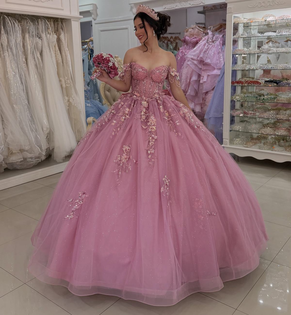 Off Shoulder Pink Quinceanera Dresses Lace Appliqued Celebration Gowns for Sweet 16 HE1996