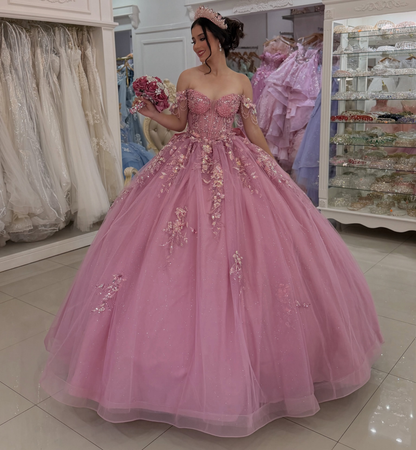 Off Shoulder Pink Quinceanera Dresses Lace Appliqued Celebration Gowns for Sweet 16 HE1996