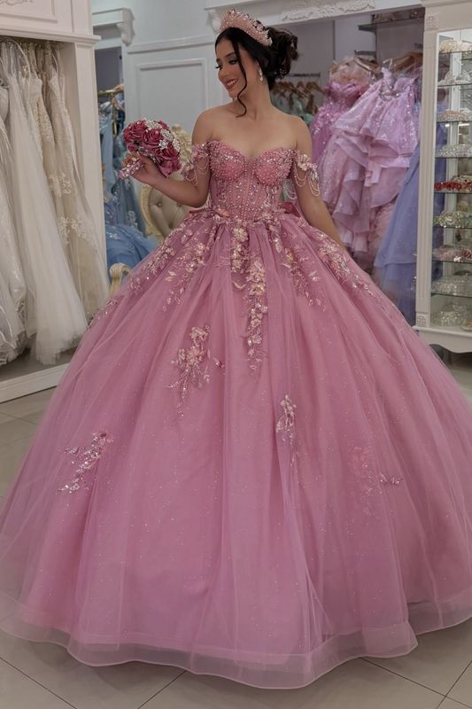 Off Shoulder Pink Quinceanera Dresses Lace Appliqued Celebration Gowns for Sweet 16 HE1996