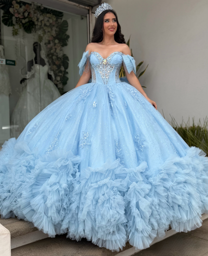 Ball Gown Tulle Ruffled Quinceanera Dresses Off Shoulder Blue Sweet 16 Party Gowns HE1912