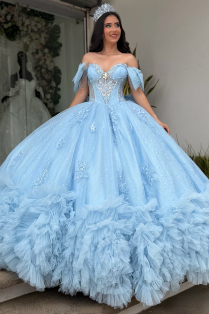 Ball Gown Tulle Ruffled Quinceanera Dresses Off Shoulder Blue Sweet 16 Party Gowns HE1912