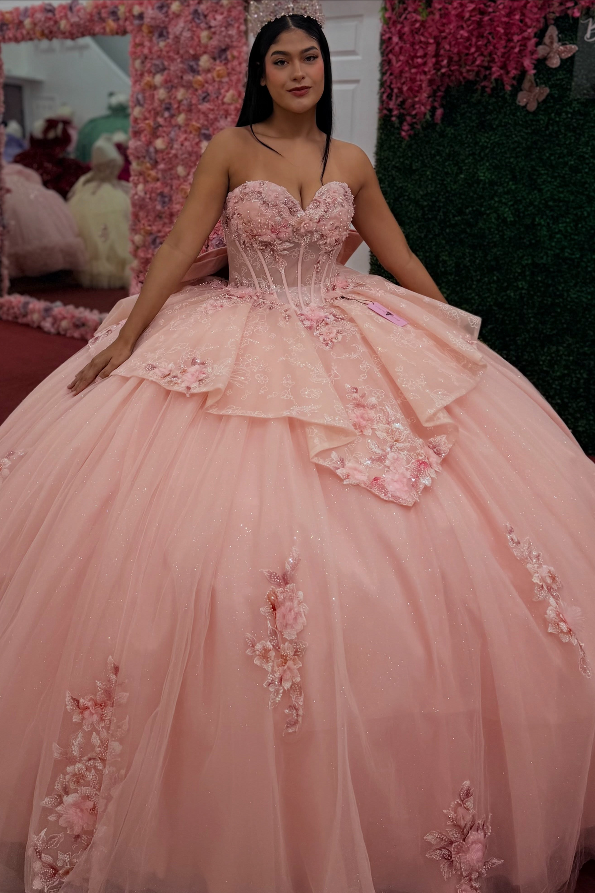 Sweetheart Tulle Lace Appliqued Pink Quinceanera Dresses Sweet 16 Party Gowns HE1916