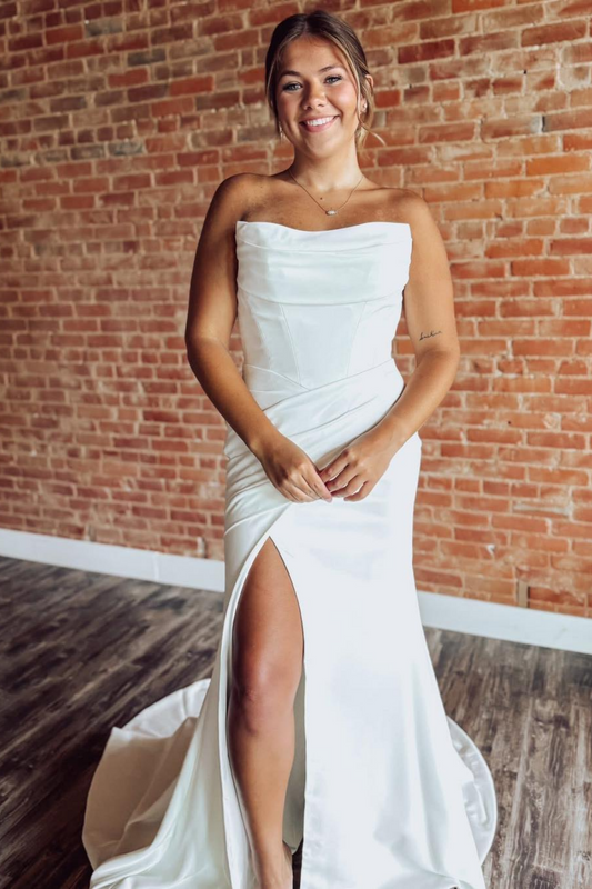Mermaid Satin Wedding Dresses for Bride Strapless Boho Plus Size Wedding Gowns HE1984