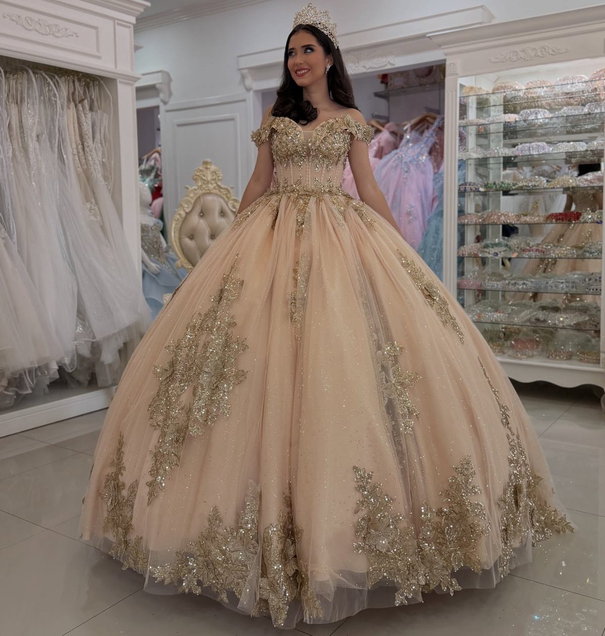 Vestidos de quinceañera con hombros descubiertos, tul princesa, apliques, vestidos de quinceañera HE530