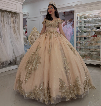 Vestidos de quinceañera con hombros descubiertos, tul princesa, apliques, vestidos de quinceañera HE530