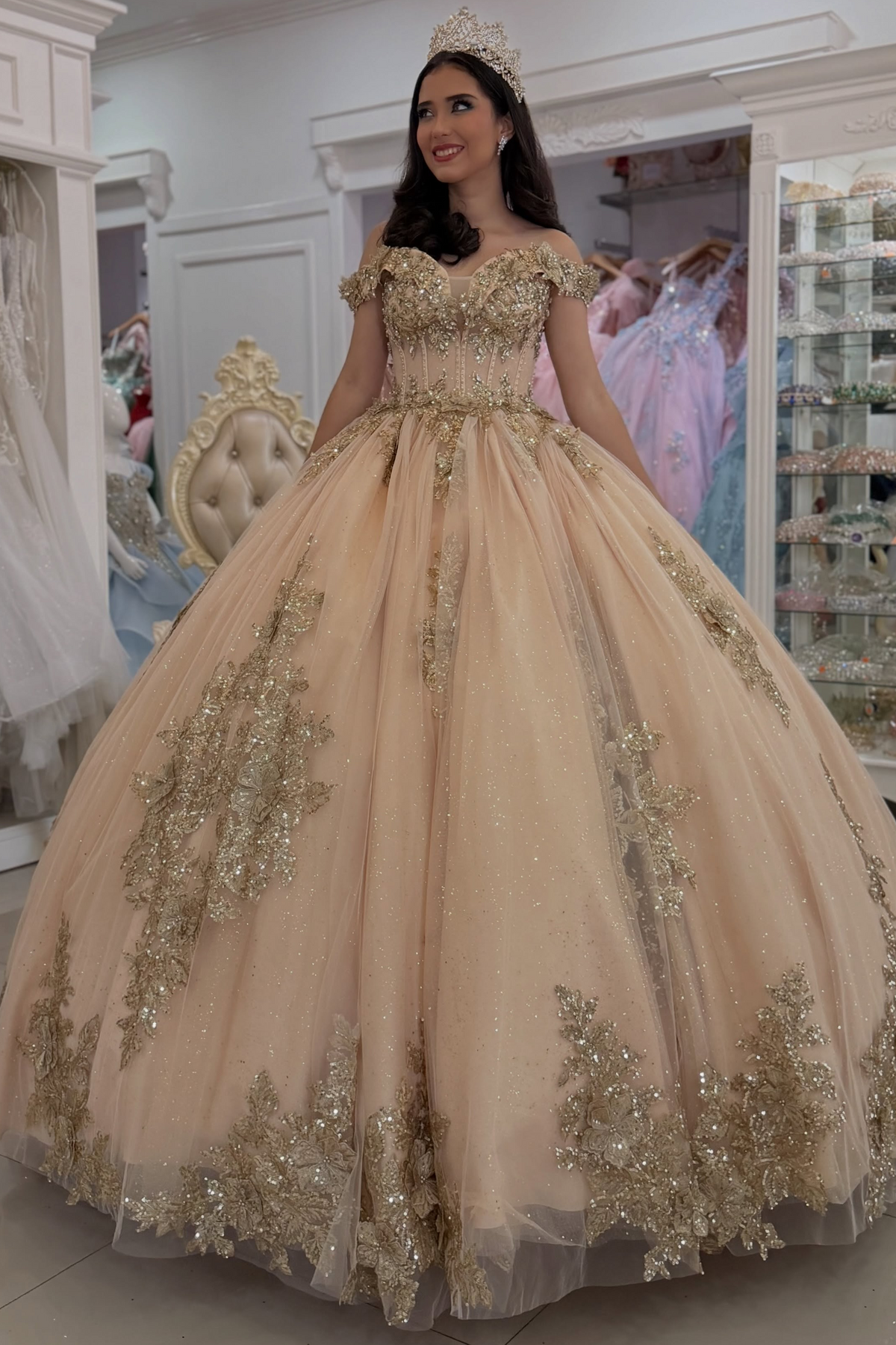Vestidos de quinceañera con hombros descubiertos, tul princesa, apliques, vestidos de quinceañera HE530