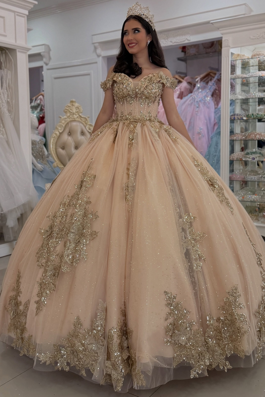Vestidos de quinceañera con hombros descubiertos, tul princesa, apliques, vestidos de quinceañera HE530