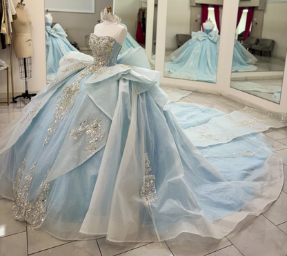 Sweetheart Sequin Beaded Crystal Quinceanera Dresses Sweet 16 Blue Ball Gown Party Dresses HE1943