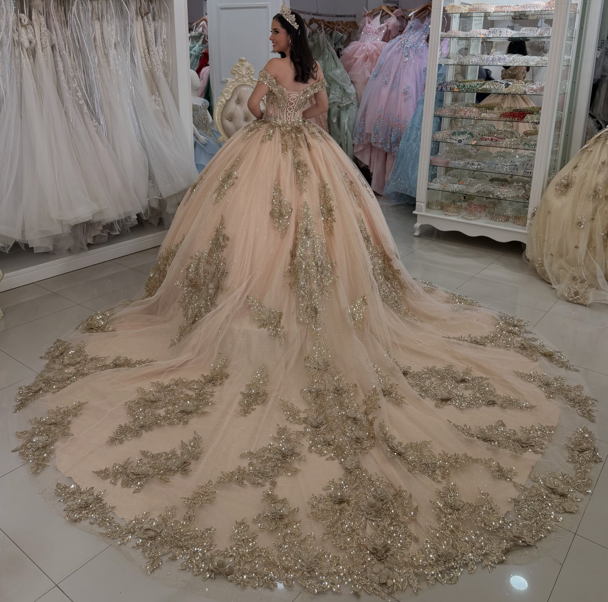 Vestidos de quinceañera con hombros descubiertos, tul princesa, apliques, vestidos de quinceañera HE530