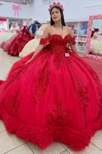 Princess Ball Gown Lace Appliqued Red Quinceanera Dresses Off Shoulder Party Gowns HE1915