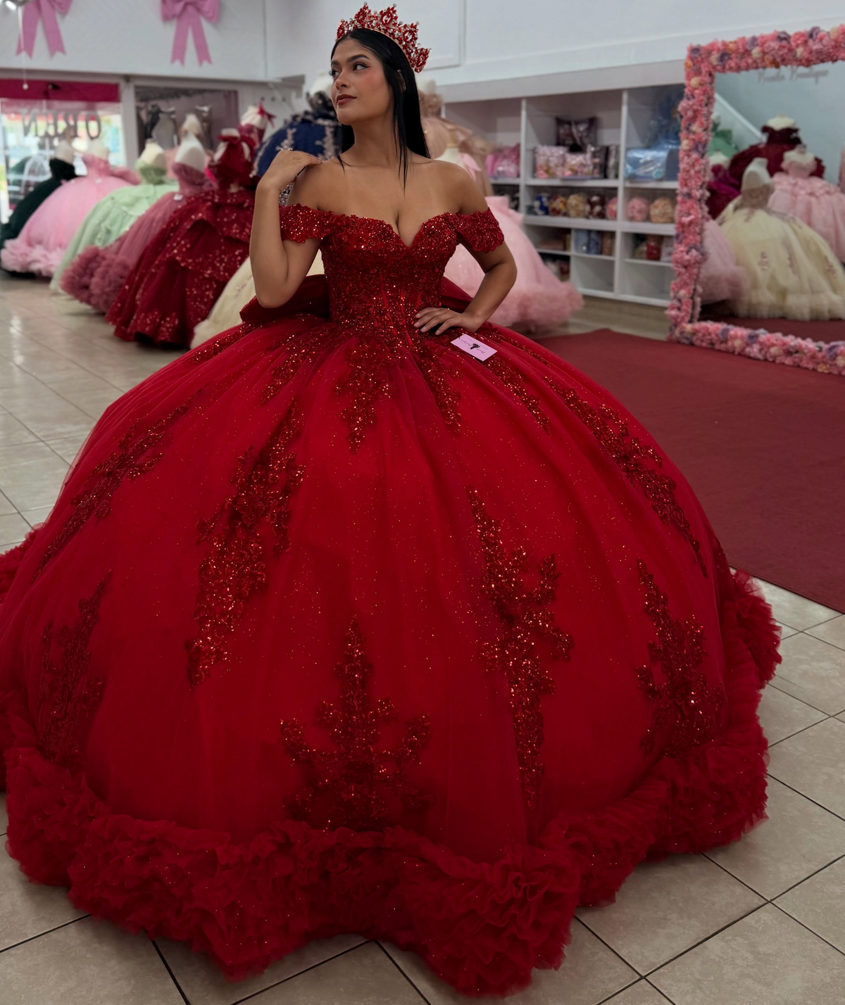 Princess Ball Gown Lace Appliqued Red Quinceanera Dresses Off Shoulder Party Gowns HE1915