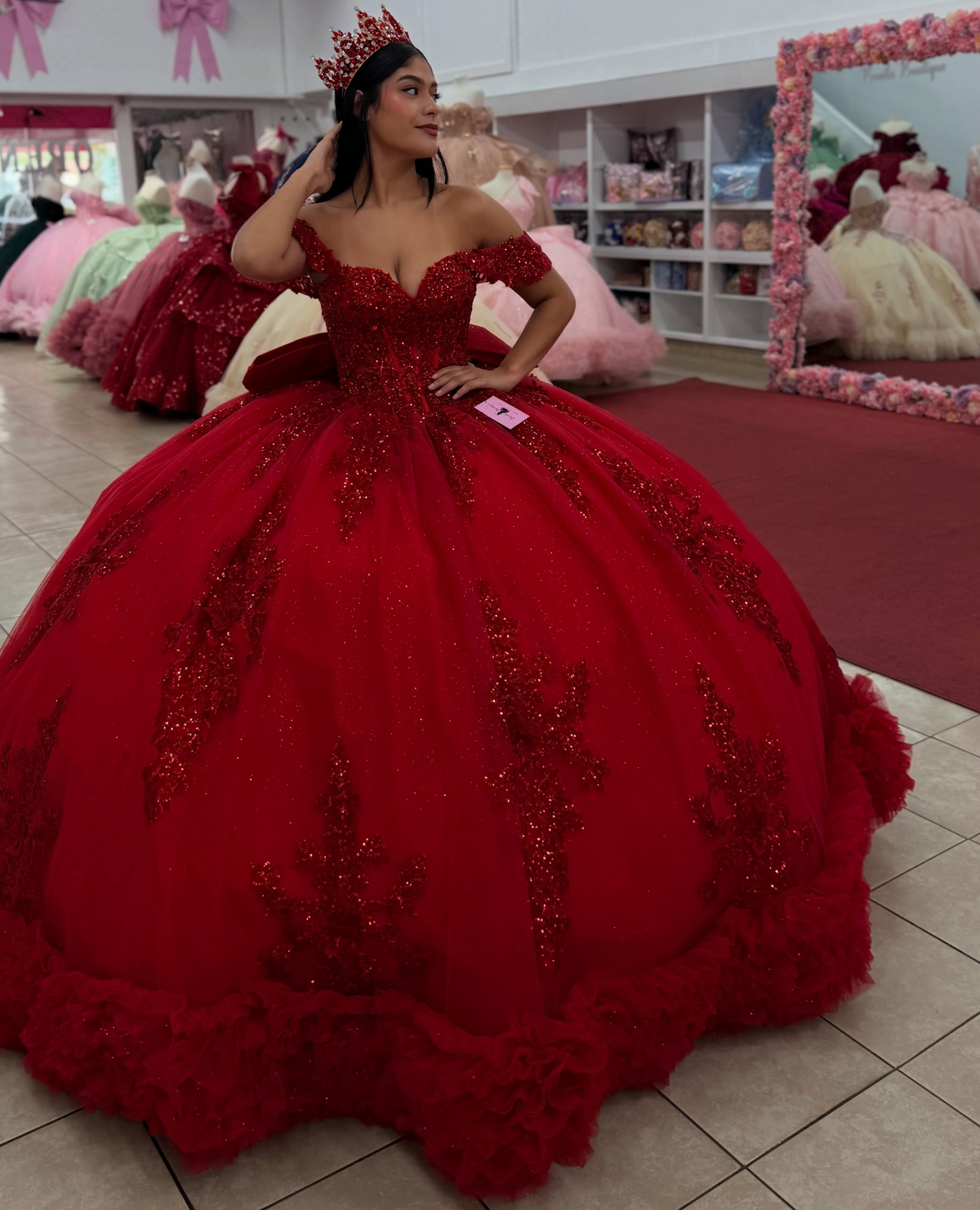 Princess Ball Gown Lace Appliqued Red Quinceanera Dresses Off Shoulder Party Gowns HE1915