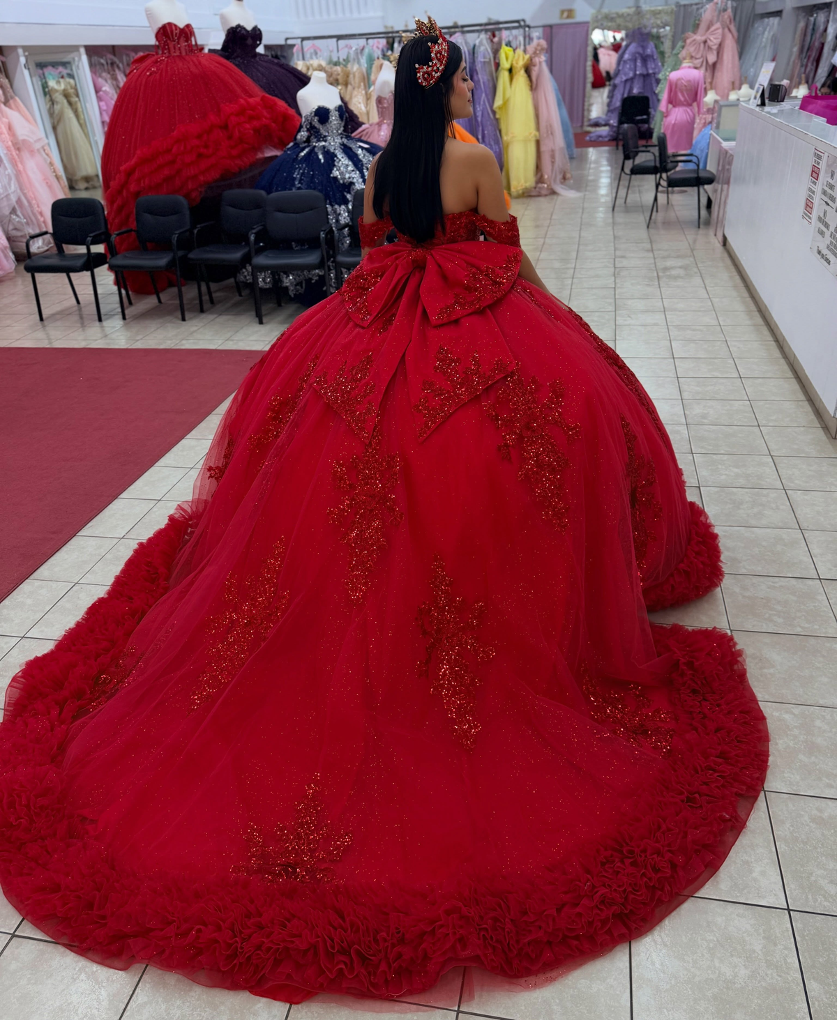 Princess Ball Gown Lace Appliqued Red Quinceanera Dresses Off Shoulder Party Gowns HE1915