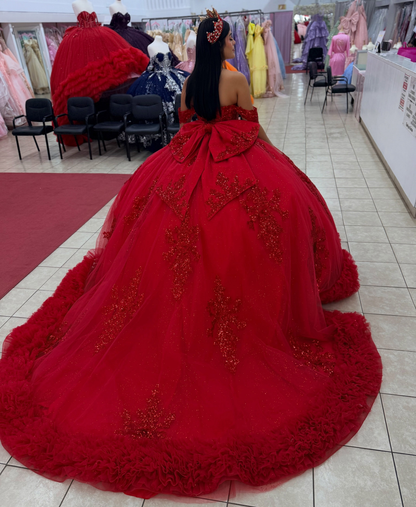 Princess Ball Gown Lace Appliqued Red Quinceanera Dresses Off Shoulder Party Gowns HE1915