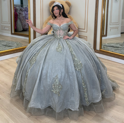Princess Ball Gown Glittery Quinceanera Dresses Tulle Appliqued Party Dresses HE1917