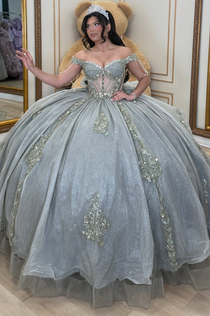Princess Ball Gown Glittery Quinceanera Dresses Tulle Appliqued Party Dresses HE1917