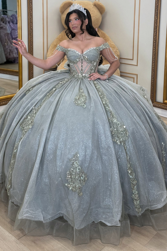 Princess Ball Gown Glittery Quinceanera Dresses Tulle Appliqued Party Dresses HE1917