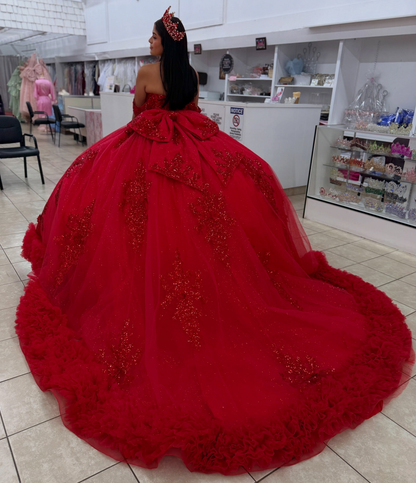 Princess Ball Gown Lace Appliqued Red Quinceanera Dresses Off Shoulder Party Gowns HE1915