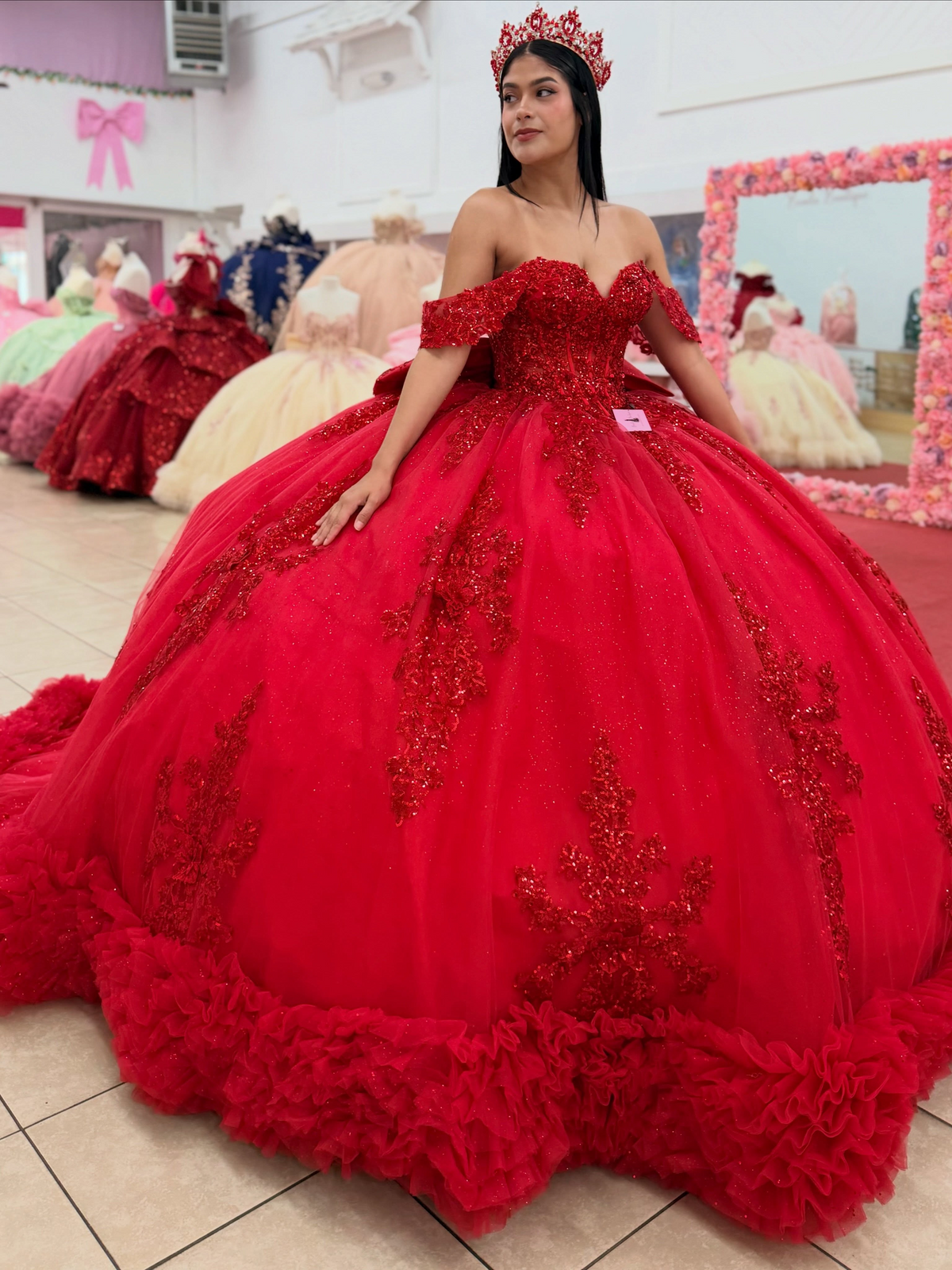 Princess Ball Gown Lace Appliqued Red Quinceanera Dresses Off Shoulder Party Gowns HE1915