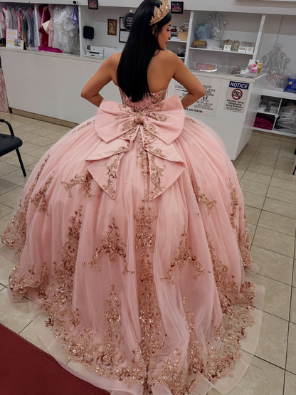 Sweetheart Tulle Lace Appliqued Pink Quinceanera Dresses Sweet 16 Birthday Prom Gowns HE1939