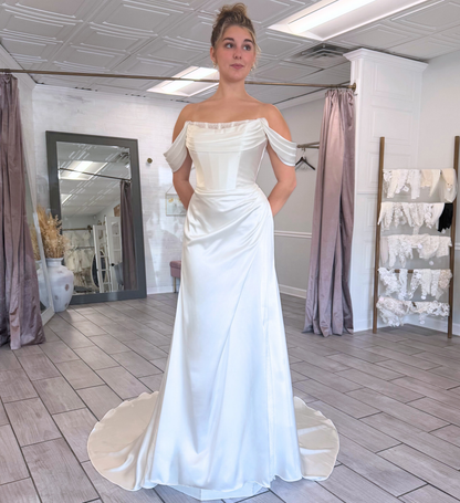 Women's Satin Boho Wedding Dresses Mermaid Off Shoulder Plus Size Bridal Wedding Gowns HE1951