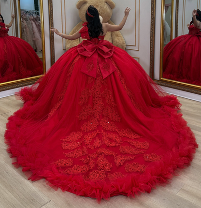 Sweet 16 Ball Gown Red Quinceanera Dresses Glittery Tulle Appliqued Birthday Gowns HE1931