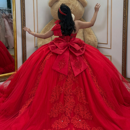 Sweet 16 Ball Gown Red Quinceanera Dresses Glittery Tulle Appliqued Birthday Gowns HE1931