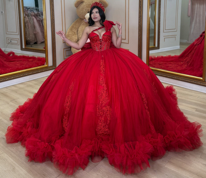 Sweet 16 Ball Gown Red Quinceanera Dresses Glittery Tulle Appliqued Birthday Gowns HE1931