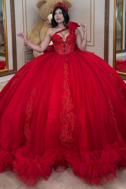 Sweet 16 Ball Gown Red Quinceanera Dresses Glittery Tulle Appliqued Birthday Gowns HE1931