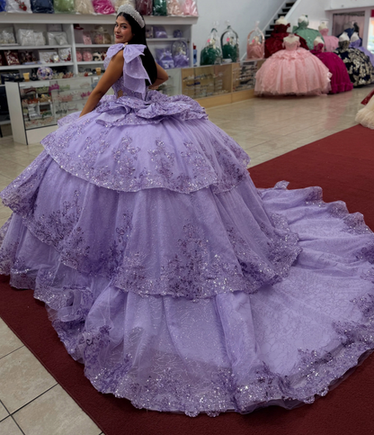 Sweetheart Ball Gown Lilac Quinceanera Dresses Princess Lace Ruffled Birthday Party Gowns HE1938