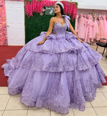 Sweetheart Ball Gown Lilac Quinceanera Dresses Princess Lace Ruffled Birthday Party Gowns HE1938
