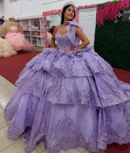 Sweetheart Ball Gown Lilac Quinceanera Dresses Princess Lace Ruffled Birthday Party Gowns HE1938
