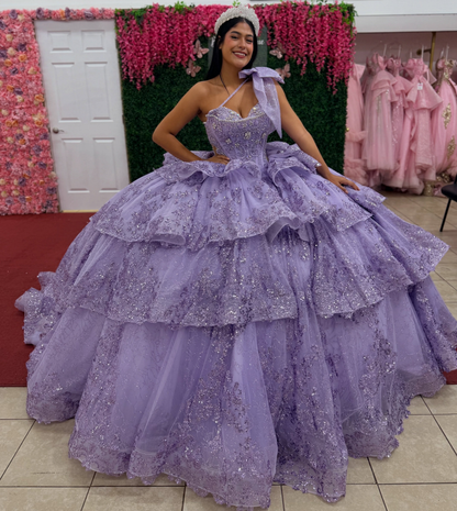 Sweetheart Ball Gown Lilac Quinceanera Dresses Princess Lace Ruffled Birthday Party Gowns HE1938