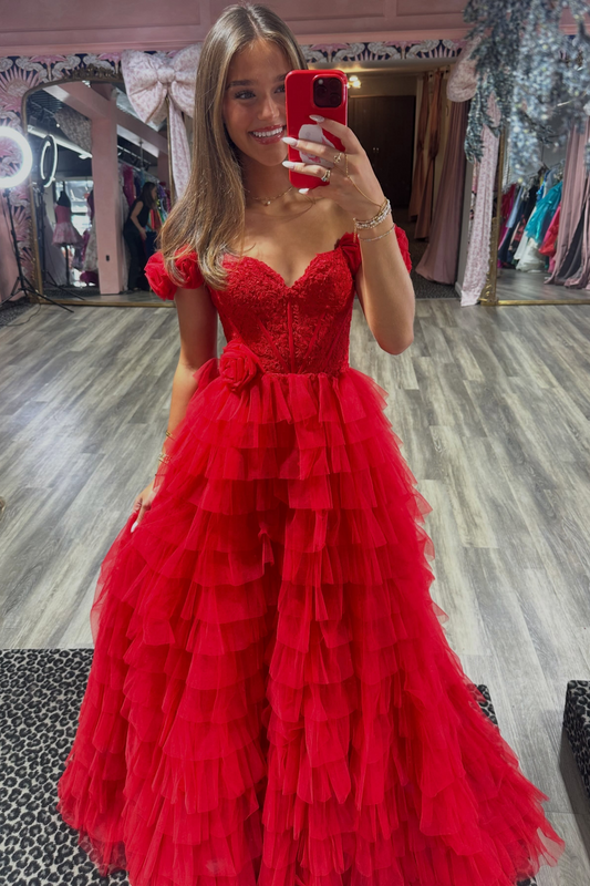 A Line Chiffon Ruffled Long Prom Dresses Off Shoulder Corset Evening Gowns for Women HE1960