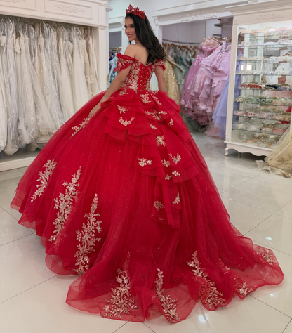 Vestidos de quinceañera con hombros descubiertos, tul princesa, apliques, vestidos de quinceañera HE530