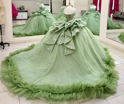Sweetheart Green Quinceanera Dresses Lace Appliqued Sweet 16 Celebration Dress with Bowknot HE1990