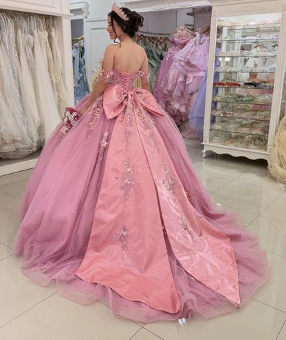 Off Shoulder Pink Quinceanera Dresses Lace Appliqued Celebration Gowns for Sweet 16 HE1996