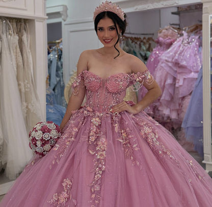 Off Shoulder Pink Quinceanera Dresses Lace Appliqued Celebration Gowns for Sweet 16 HE1996