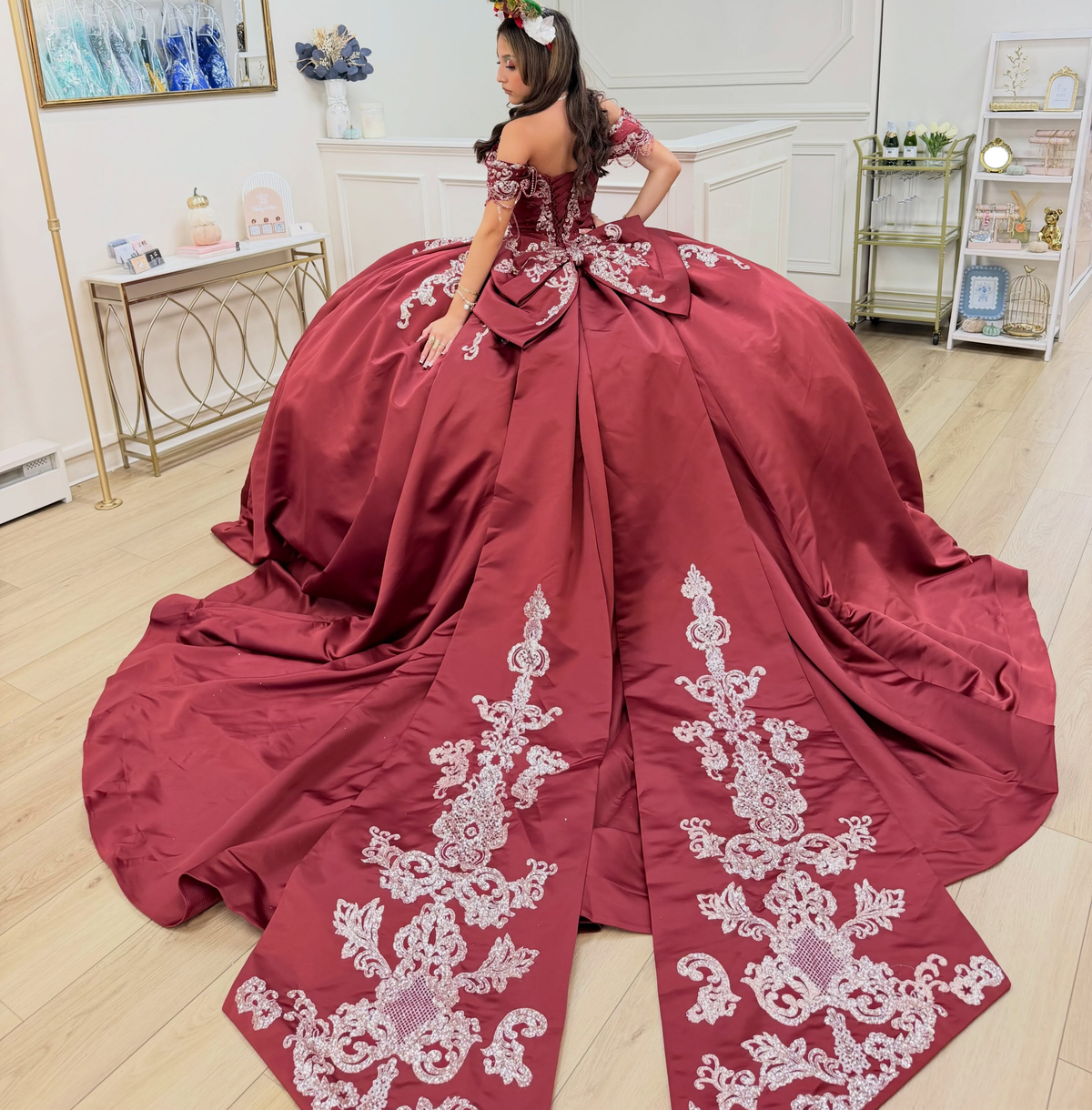 Satin Off Shoulder Lace Appliqued Quinceanera Dresses Crystal Beaded Sweet 15 Party Gowns HE1966