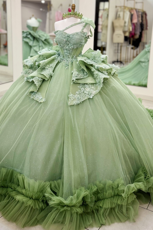 Sweetheart Green Quinceanera Dresses Lace Appliqued Sweet 16 Celebration Dress with Bowknot HE1990