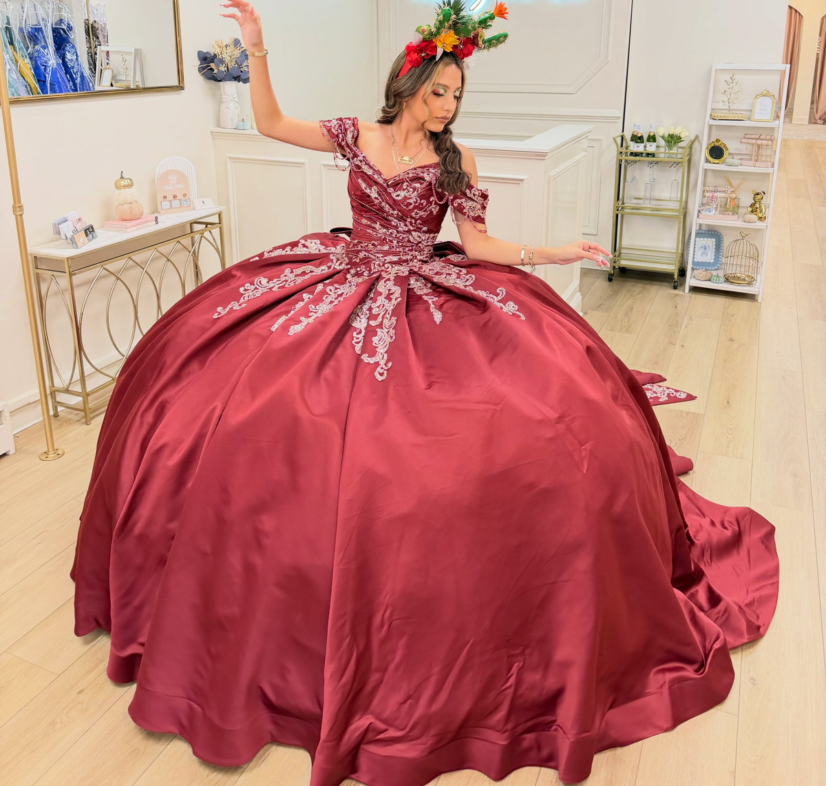 Satin Off Shoulder Lace Appliqued Quinceanera Dresses Crystal Beaded Sweet 15 Party Gowns HE1966
