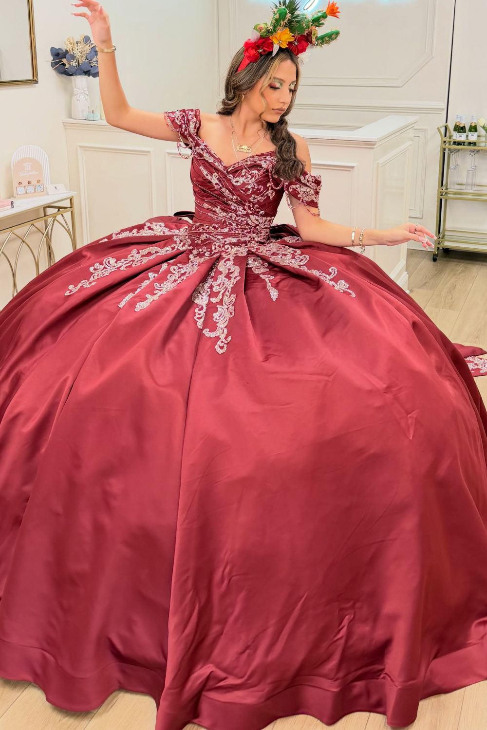 Satin Off Shoulder Lace Appliqued Quinceanera Dresses Crystal Beaded Sweet 15 Party Gowns HE1966