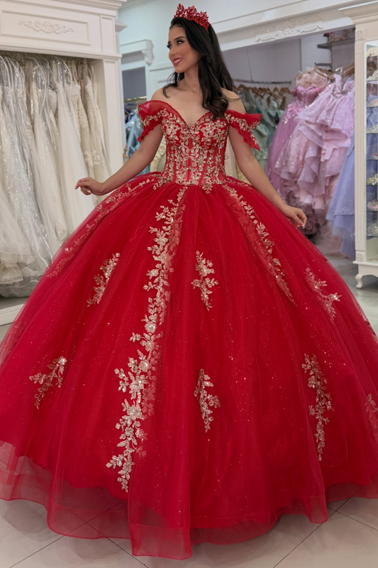 Princess Sweet 16 Red Quinceanera Dresses Tulle Appliqued Birthday Prom Party Gowns HE1995