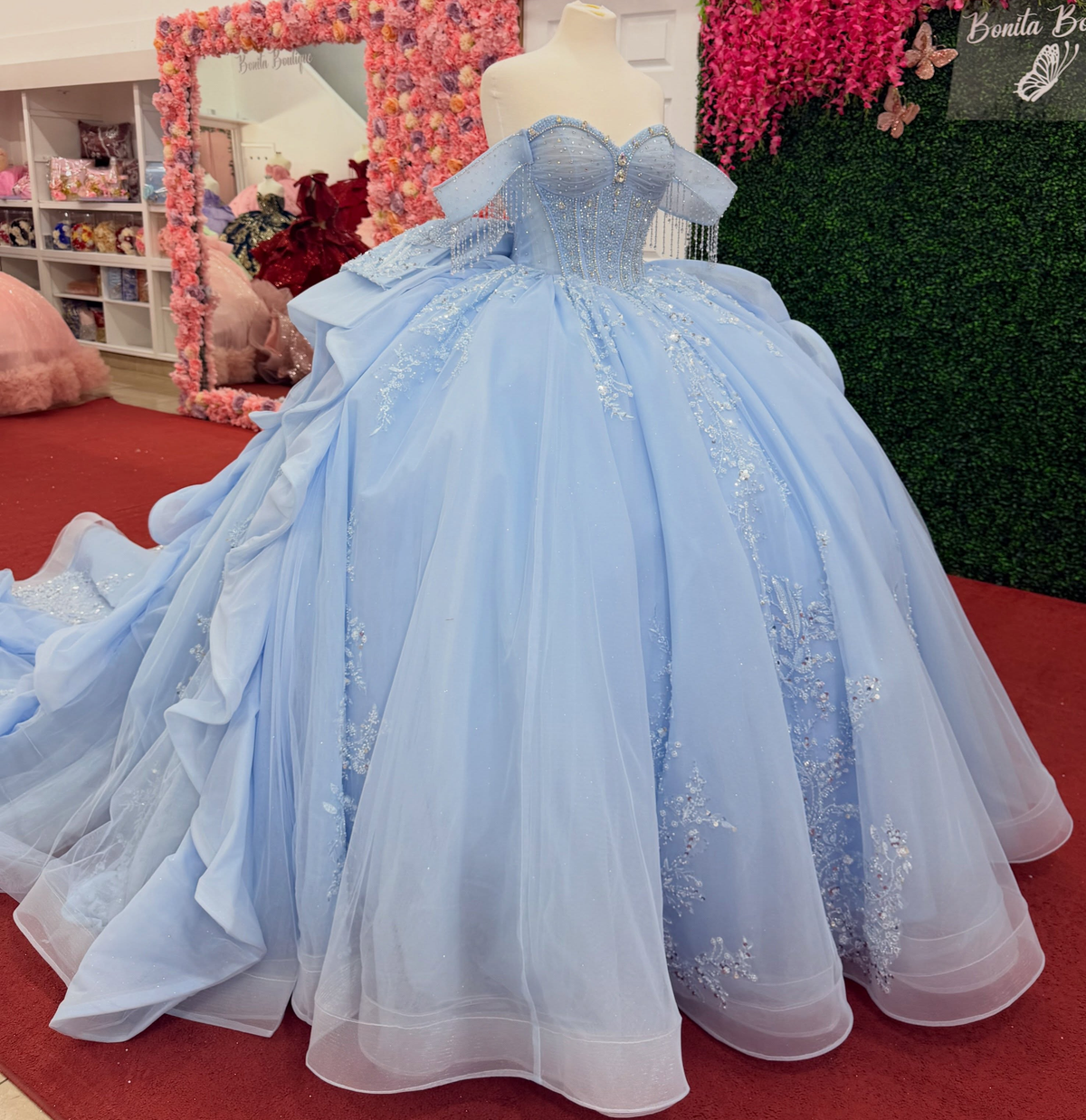 Vestidos de quinceañera con hombros descubiertos, tul princesa, apliques, vestidos de quinceañera HE530
