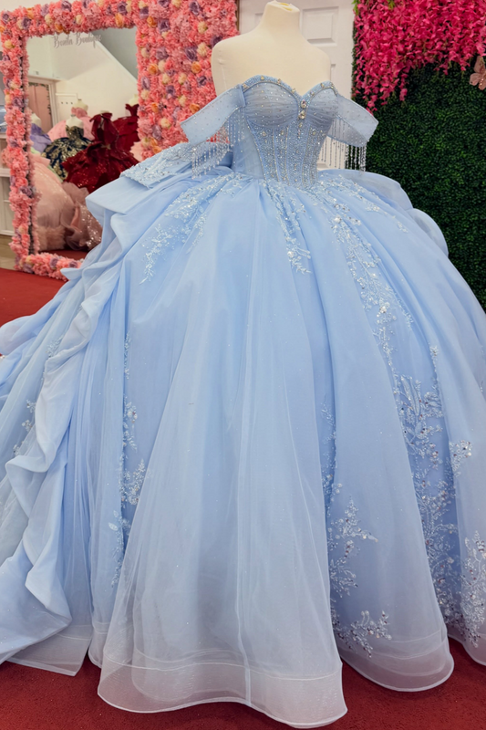 Vestidos de quinceañera con hombros descubiertos, tul princesa, apliques, vestidos de quinceañera HE530