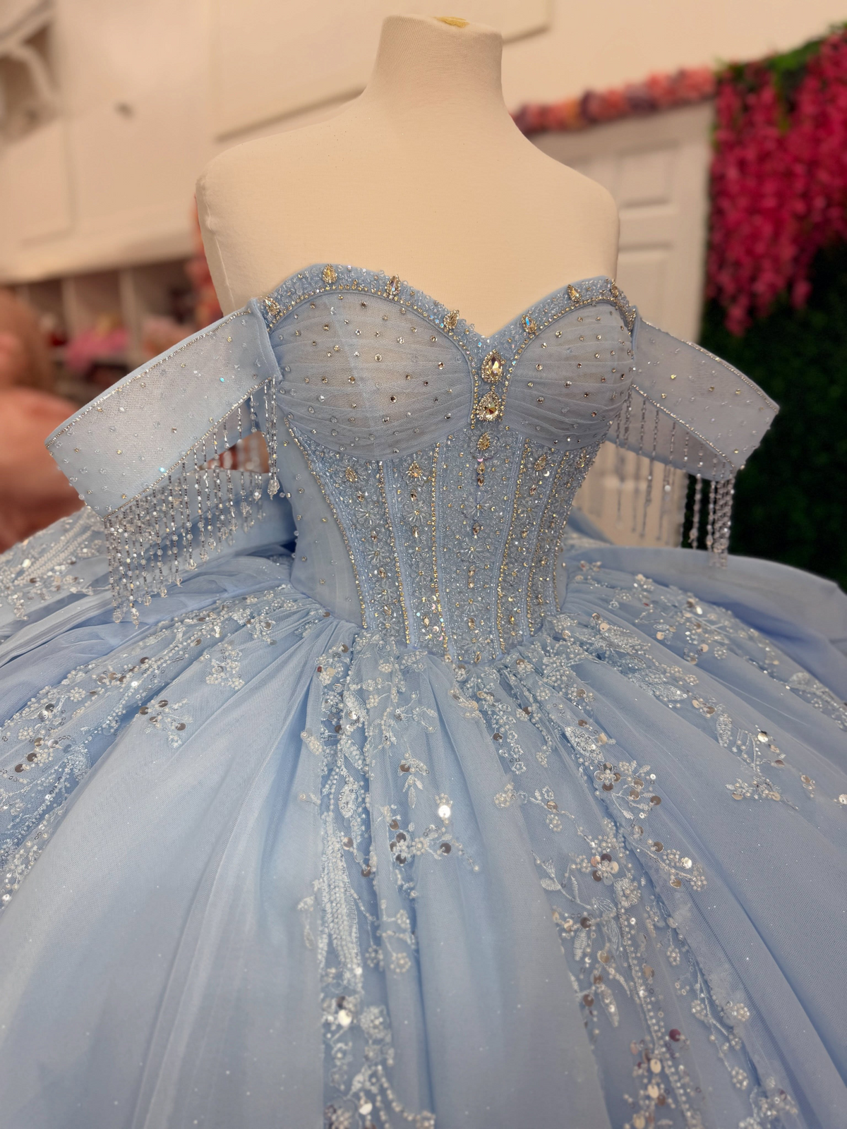 Vestidos de quinceañera con hombros descubiertos, tul princesa, apliques, vestidos de quinceañera HE530