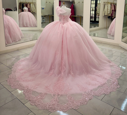 Tulle Lace Appliqued Pink Quinceanera Dresses Sweet 16 Ball Gown Birthday Party Dresses HE1989