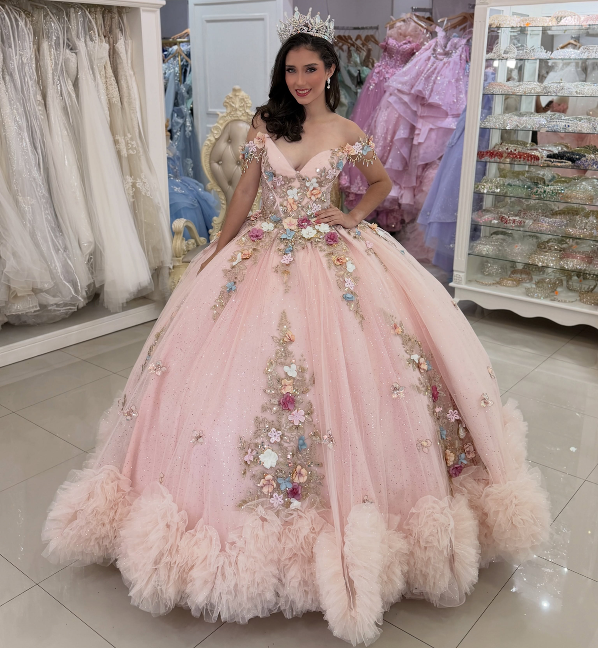 Gorgeous 3D Flower Pink Quinceanera Dresses Sweet 16 Tulle Birthday Party Gowns HE1993