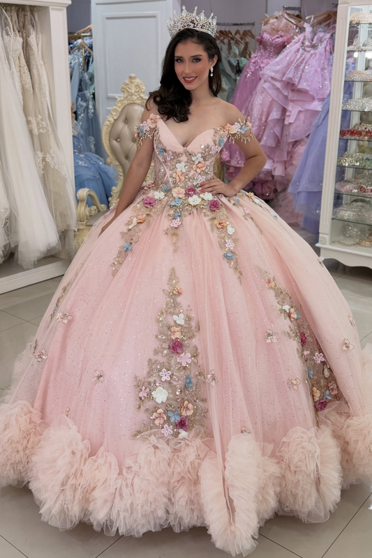 Gorgeous 3D Flower Pink Quinceanera Dresses Sweet 16 Tulle Birthday Party Gowns HE1993