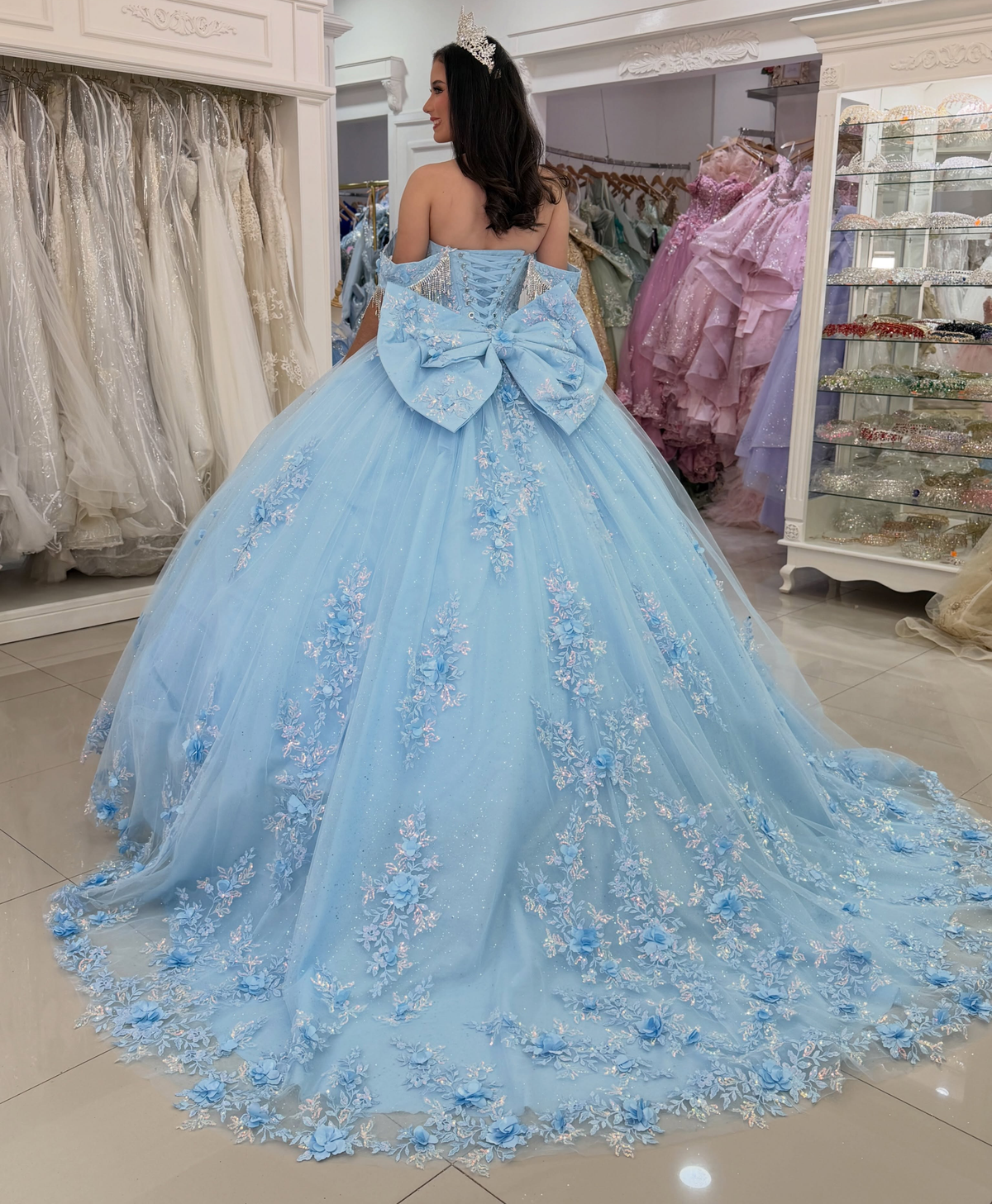 Sweet 16 Blue Quinceanera Dresses Tulle 3D Flower Celebration Gowns Princess Birthday Dresses HE1992
